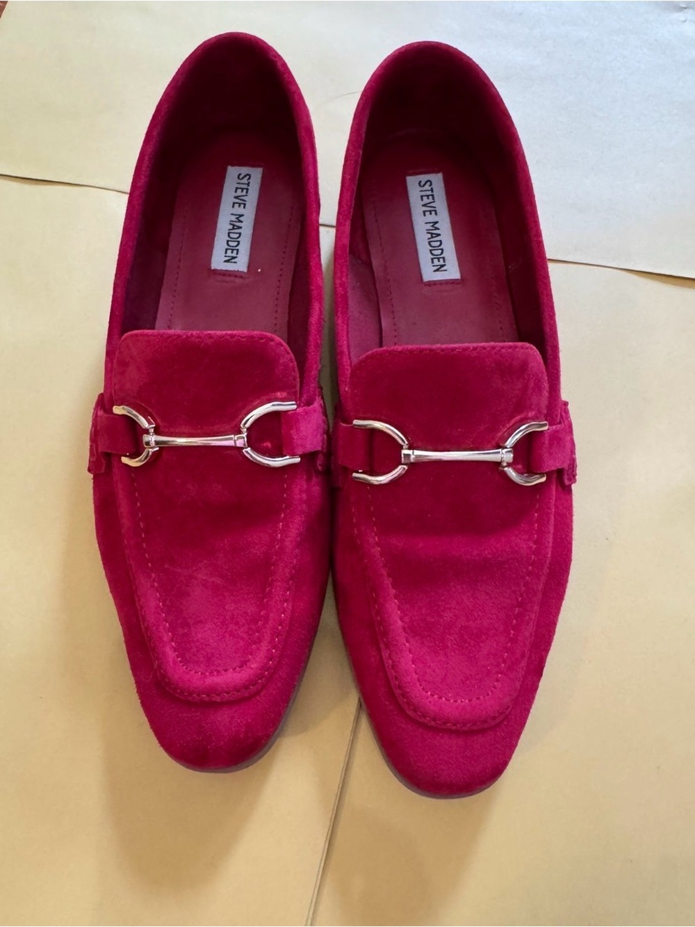 Steve Madden RedSuede Loafers with Gold Horsebit Accent